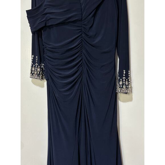 Mac Duggal Beaded Cuff Drop Shoulder Faux Wrap Long Navy Gown Size 14 NWT #12231 - Picture 13 of 15